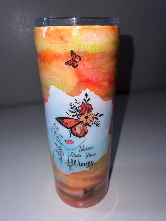 #21 20oz Stainless Steel Skinny Tumbler Orange Swirl with Butterflies