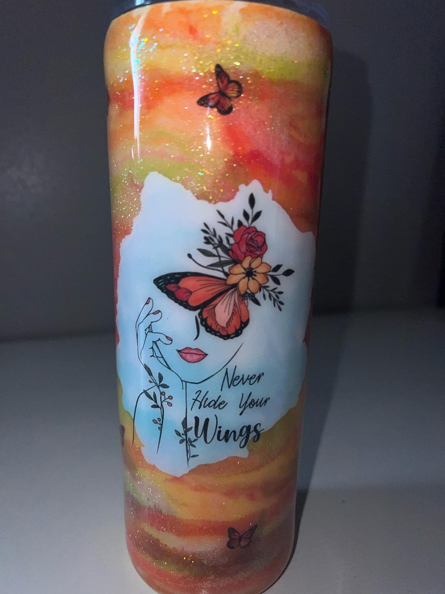 #21 20oz Stainless Steel Skinny Tumbler Orange Swirl with Butterflies