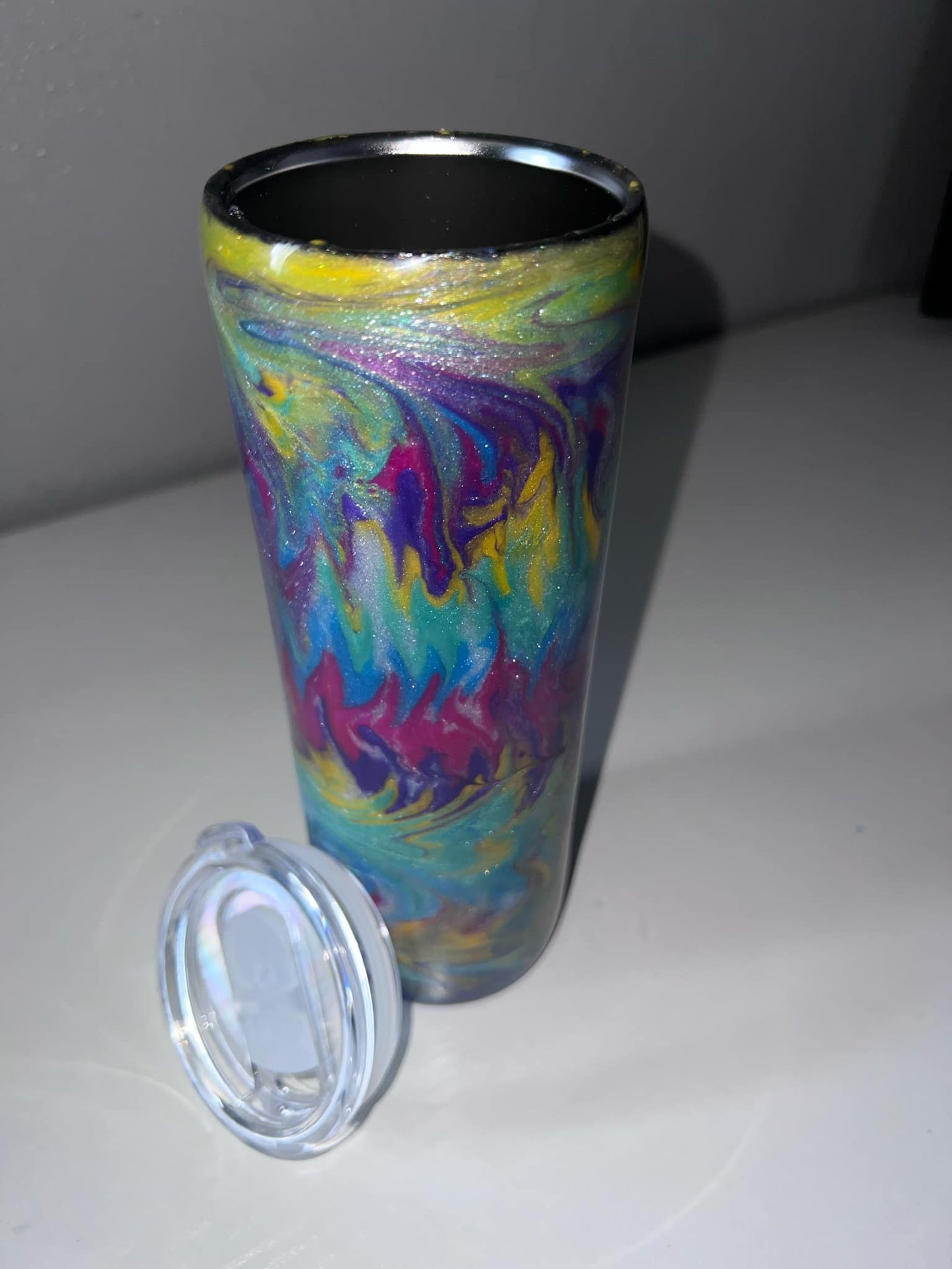 #19 20oz Stainless Steel Skinny Tumbler Purple and Yellow swirls