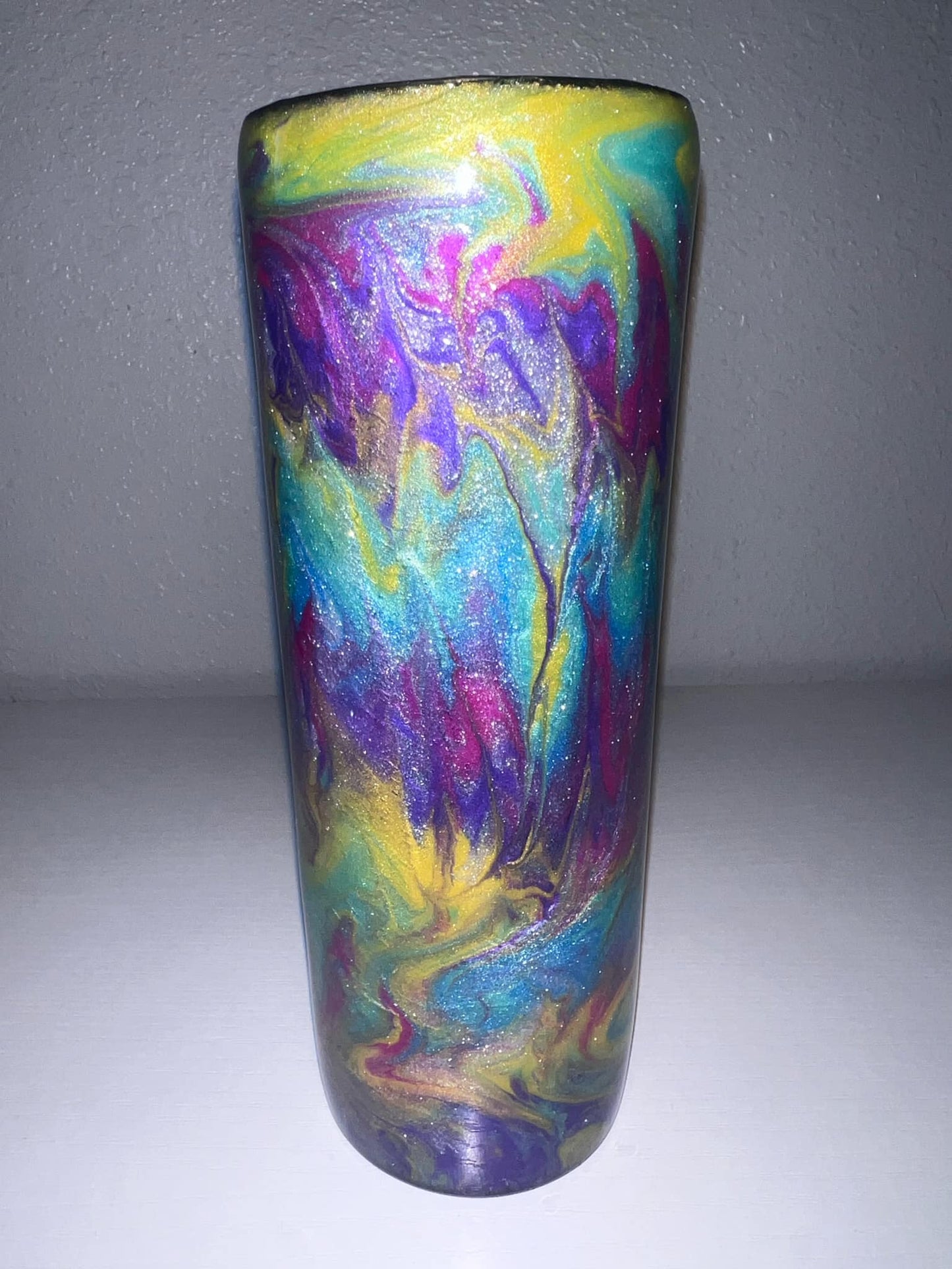 #19 20oz Stainless Steel Skinny Tumbler Purple and Yellow swirls