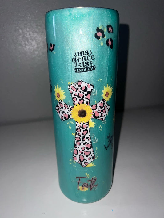 #6 30oz Skinny Stainless Steel Tumbler Faith with a Jade glowing Base