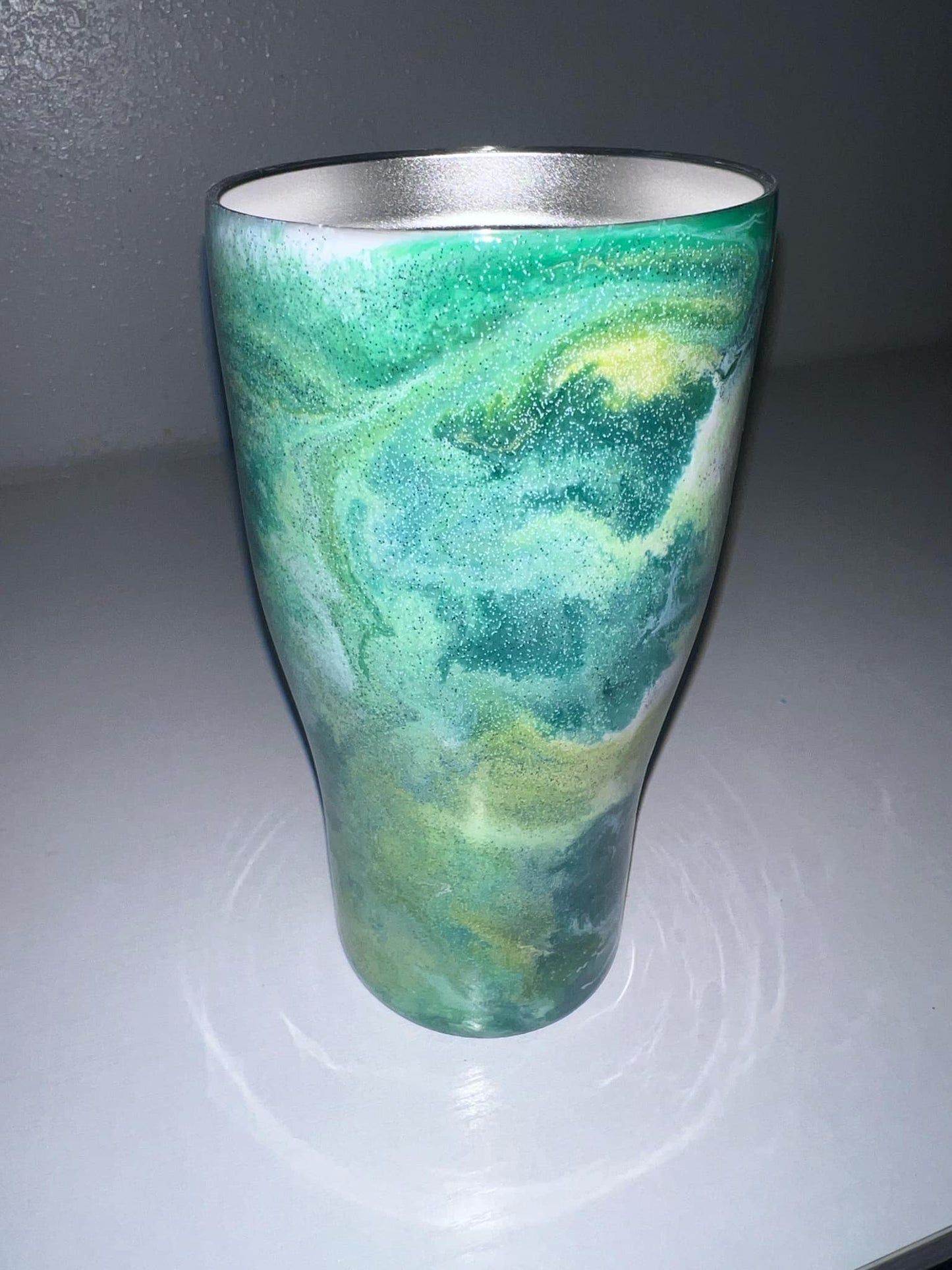 #11 30oz Curvy Stainless Steel Tumbler Green Swirls that Glows