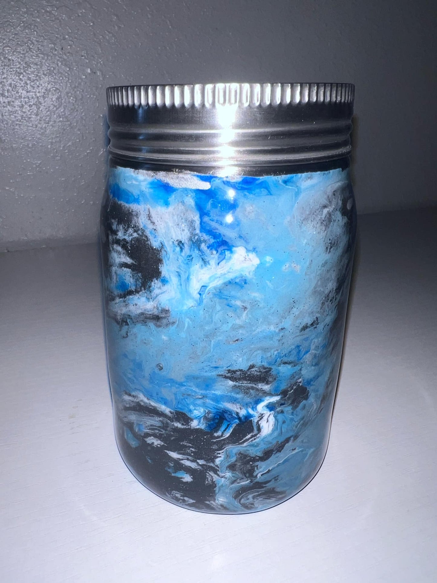 #41 12oz Mason Jar blue and black swirls with a blue glow