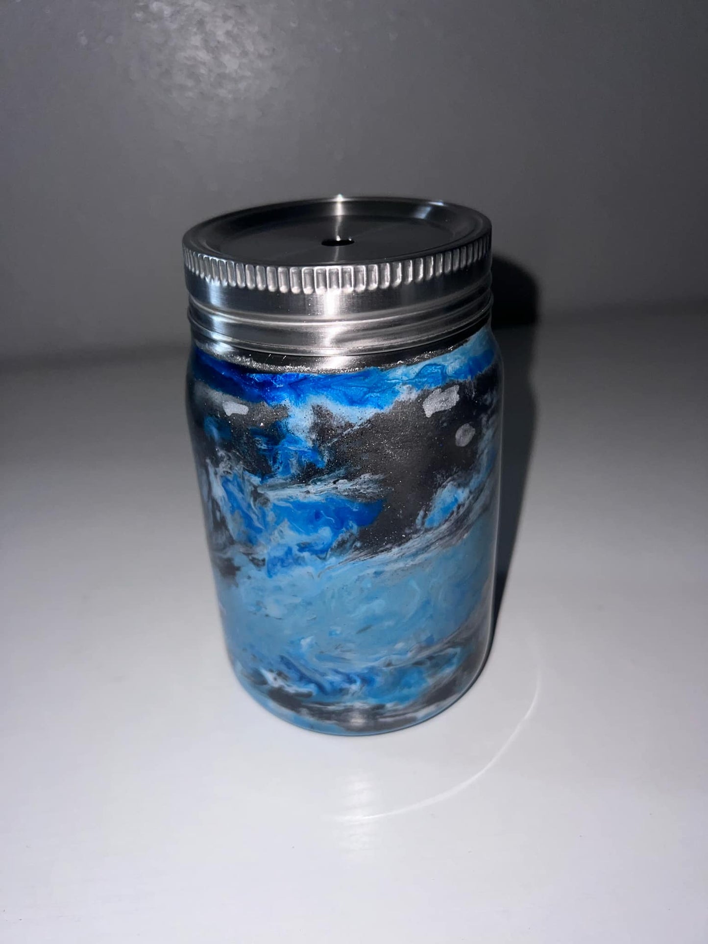 #41 12oz Mason Jar blue and black swirls with a blue glow