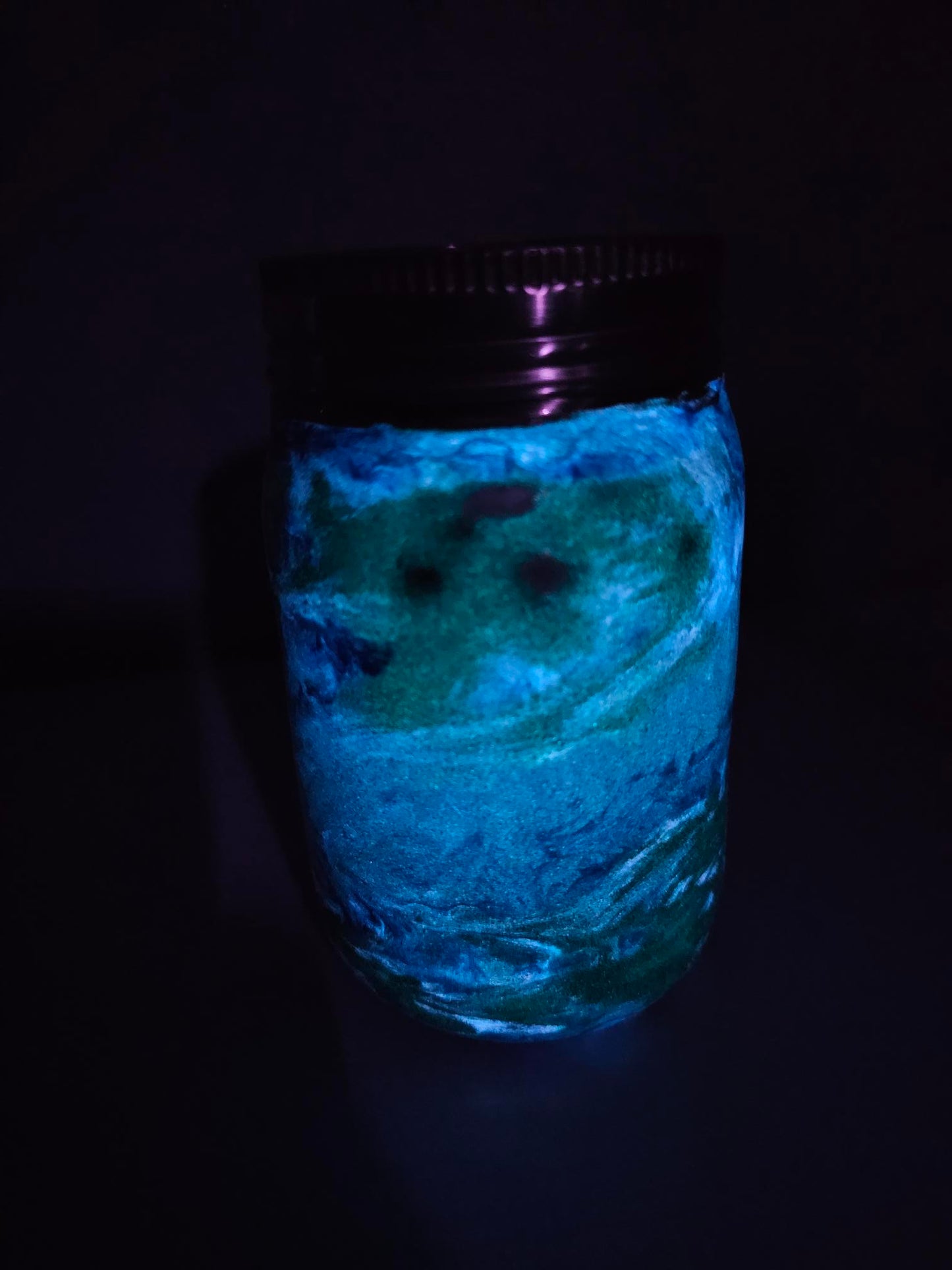 #41 12oz Mason Jar blue and black swirls with a blue glow