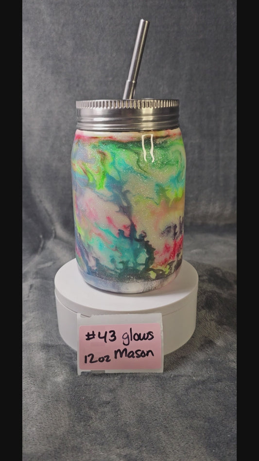 #43 12oz swirls Mason Jar with a glow